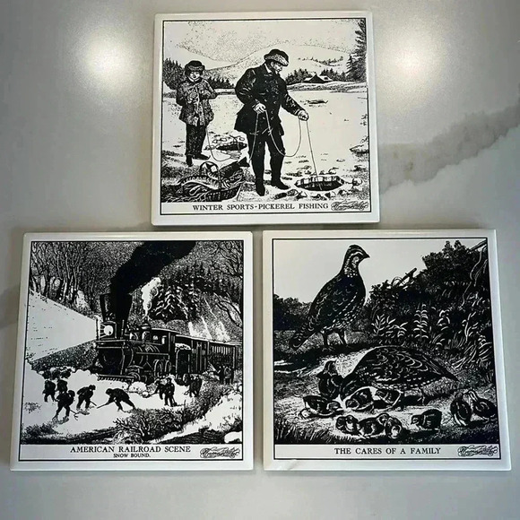 Vintage Currier & Ives Ceramic Trivets‎ Set of 3 (Black/White 6x6 Tiles - Picture 1 of 10